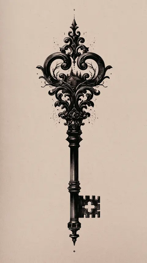 墨棕纹绘的森林守门钥匙 / single elaborate gate key displayed vertically on warm paper, its broad bow · Portrait