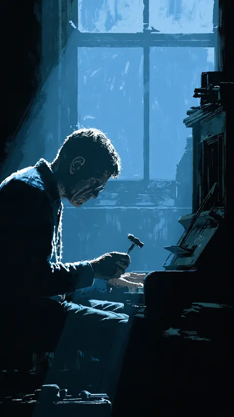 冰蓝硬光的钢琴调律师 / piano tuner holding one small tuning hammer beside an open upright piano, · Portrait