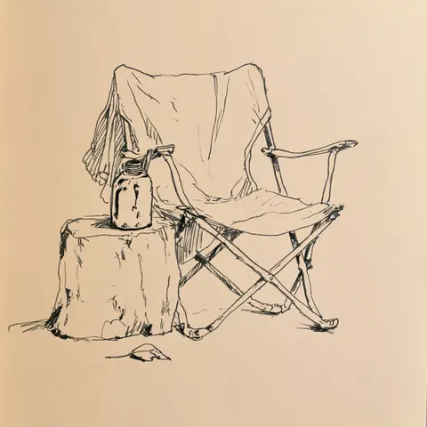 米纸上的折叠露营椅 / folded canvas camping chair leaning against an old tree stump, a dented · Square