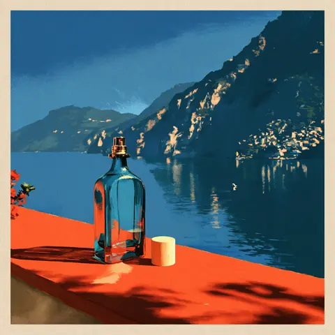 钴青橘日的旅行香水展示 / simple turquoise perfume bottle on an orange-red terrace ledge, one cream · Square