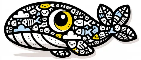 黑线笑脸的快乐鲸鱼图 / One large friendly whale silhouette filled with smaller smiling fish, clouds · Panoramic