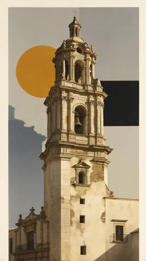芥黄古城的塔楼拼贴 / single old bell tower completely visible at the center of a warm-gray · Portrait