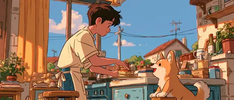 奶橙动画的窗边煎饼早餐 / young man in a cream shirt sliding one pancake onto a plate at a small · Panoramic