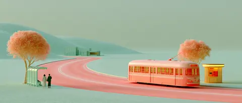 微缩镇的电车小站 / miniature tram shelter and a small corner kiosk stand beside a curved road, · Panoramic