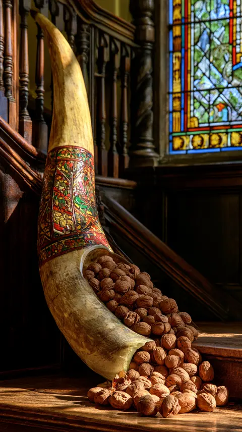 秋彩玻璃旧城 · 新创作竖幅 / large curved harvest horn spills unopened walnuts onto a narrow staircase, · Portrait