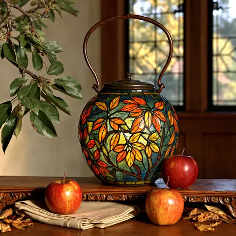 秋日陶灯与苹果 / broad handmade ceramic lantern stands on a low carved shelf between two · Square
