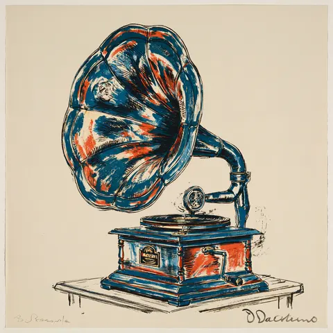 青橘刮绘的街角旧留声机 / One old gramophone with a wide curved horn resting on a simple table, its · Square