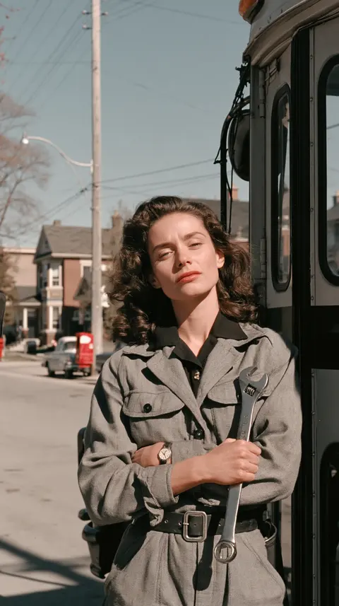 银灰街拍的公交修理女性 / woman mechanic holding one spanner beside a vintage bus door, clear natural · Portrait