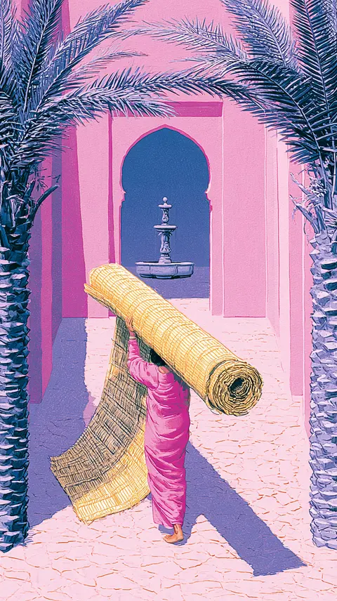 粉黄蓝晒旅行 · 新创作竖幅 / woman carries a rolled woven mat through a hotel courtyard, its open end · Portrait