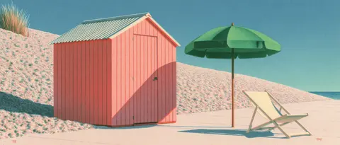 粉绿砂面海报的海滨更衣屋 / single pink changing cabin on a broad pale promenade, a bright green beach · Panoramic