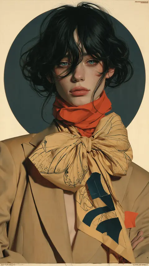 金褐时装的蝴蝶领结男性 / fashion model facing forward in a brown-gold suit, one unusually large · Portrait