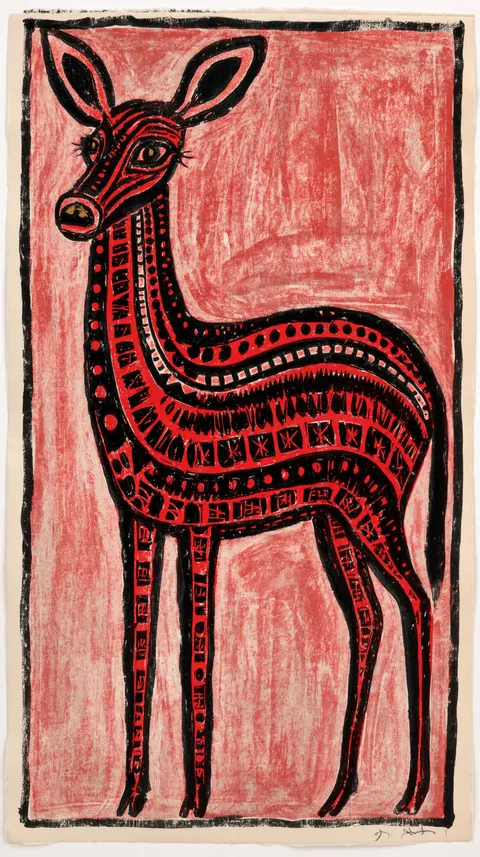 赤黑密纹的鹿形民艺版画 / single tall deer inside a thin rectangular cream-paper border, its clear · Portrait