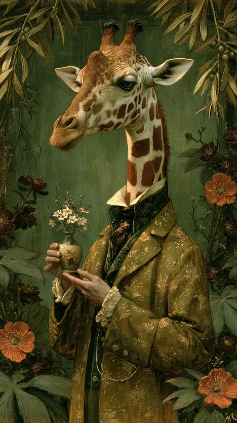 橄榄古堡的花纹长颈鹿馆长 / giraffe-headed museum curator in an old-gold coat holding one small floral · Portrait