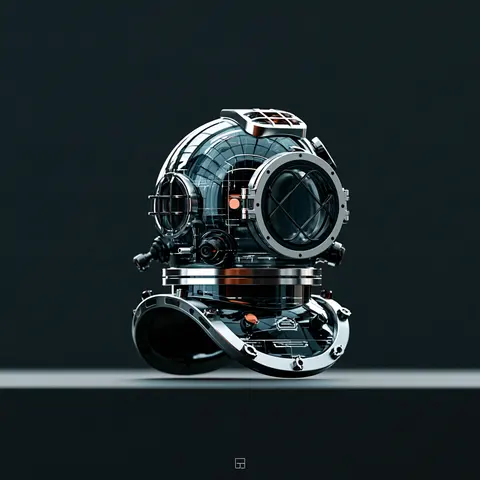 黑银扫描的工业潜水头盔 / single industrial diving helmet turned three quarters on a dark work · Square