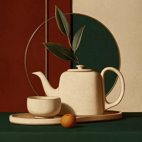 大地色的弧形茶器 / curving teapot and one low cup rest on a simple oval tray, their complete · Square
