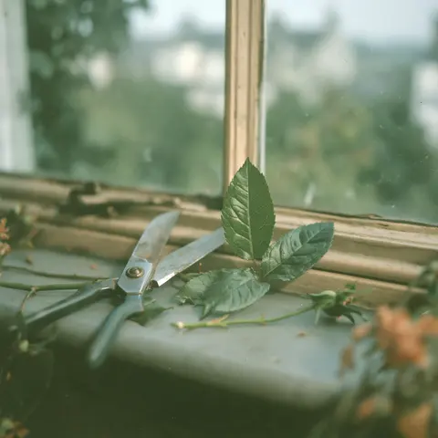 浅灰苔绿的窗边花剪 / closed pair of flower shears beside one small cut stem on a gray-beige · Square