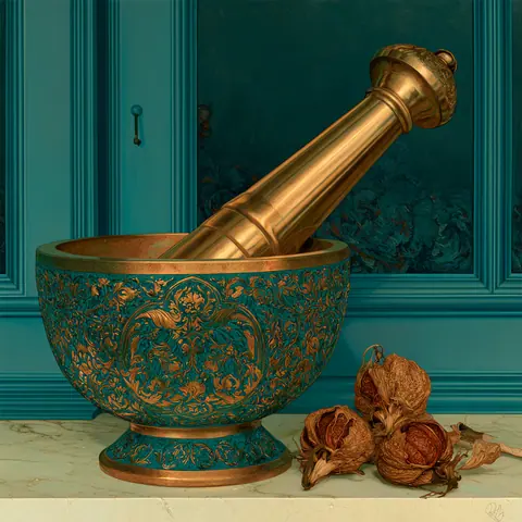 香料研磨器 · 方幅 / Small mortar holds a resting pestle · Square