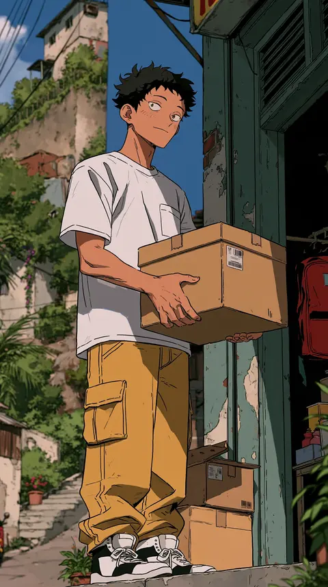 暗彩漫画的山镇快递员 / adult courier with a short windblown haircut holds one closed parcel beside · Portrait