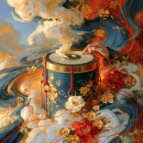 蓝金流云的东方铜鼓 / One traditional bronze drum displayed centrally, its intact circular face · Square