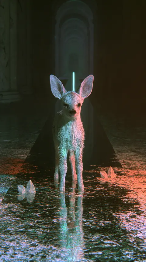 暗厅矿晶鹿 / small deer stands on a shallow reflective pool inside a deserted stone hall, · Portrait