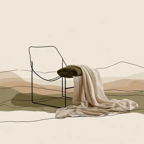 橄榄米纸的连续线躺椅 / single reclining chair with a folded blanket over one arm, placed slightly · Square