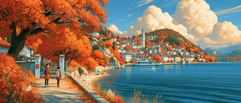 橘林蓝云的秋日渡口 / small ferry landing beside a blue river, a bespectacled traveler in an · Panoramic
