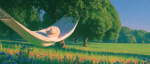 青绿暖阳的夏日吊床 / broad cream hammock hanging between two softly rounded green trees, one · Panoramic