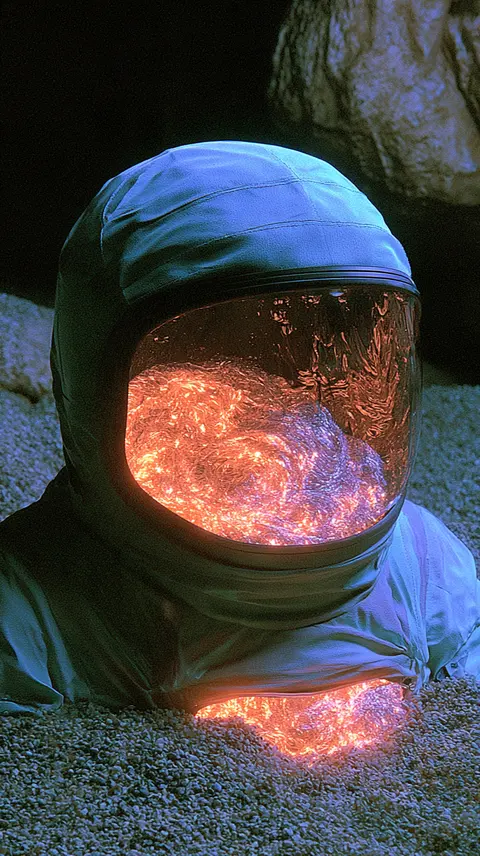 暗夜棱彩灵光 · 新创作竖幅 / unattended astronomical suit hangs inside a cavern, its open chest · Portrait