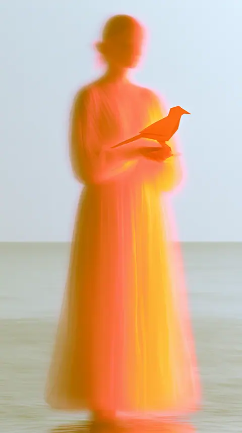 云海的信使 · 竖幅 / Adult messenger carries a single folded paper bird as if it were alive · Portrait