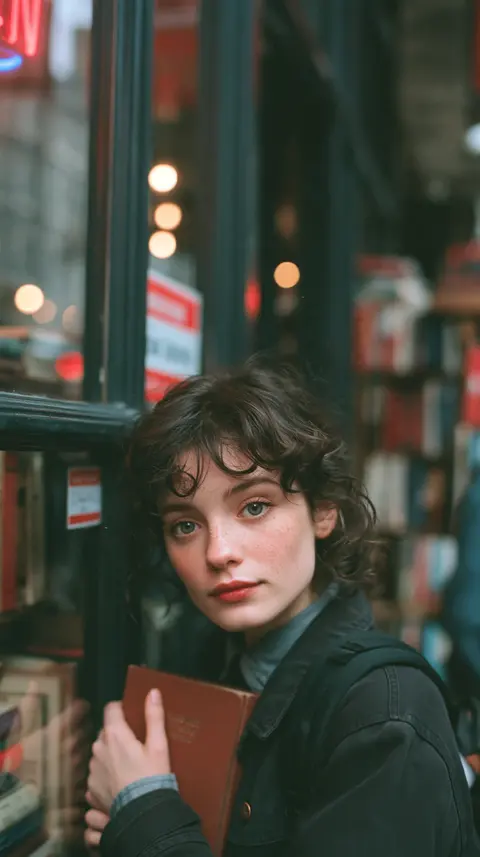 深青咖啡街的夜间书商 / bookseller holding one brown-covered volume beside a dark cafe window, face · Portrait