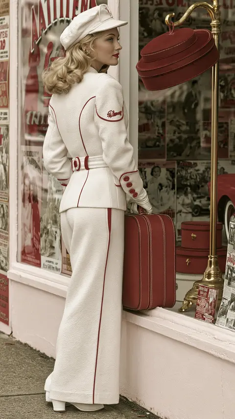 米白暗红的悬浮帽盒 / vintage fashion model in a cream suit standing before a tidy pale · Portrait