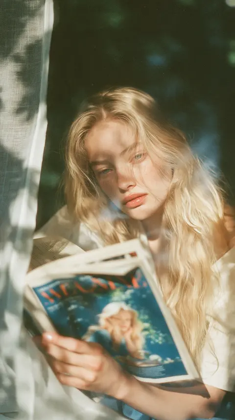 蓝金柔焦的窗边女读者 / reader holding one folded magazine near the camera, the nearest eye and · Portrait