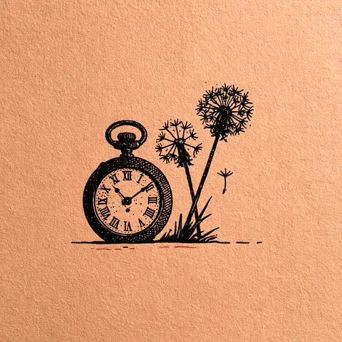杏纸小景的蒲公英钟 / very small black ink vignette of an old pocket watch resting beside two · Square