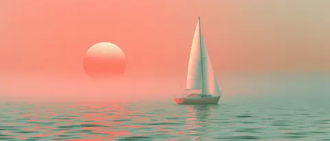 珊瑚薄荷湖面的白帆 / solitary small sailboat resting on a motionless lake beneath a low coral · Panoramic