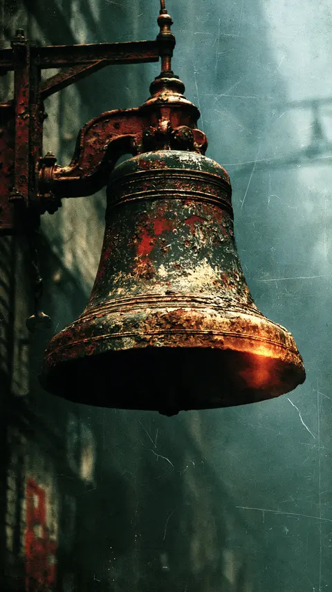 锈红旧壁的荒废消防铃 / large old emergency bell hanging on a corroded bracket, its intact round · Portrait