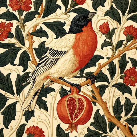 墨绿赭红的石榴冠鸟 / large bird perched on an ocher branch, a single open pomegranate below its · Square