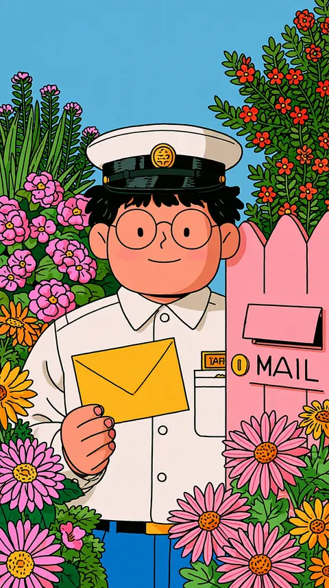 粉青晴日的花园邮差少女 / bespectacled mail carrier holding one yellow envelope beside a pink garden · Portrait