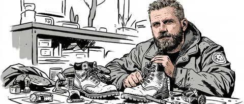 粗细黑笔的街边修鞋摊 / shoe repairer working on one boot at a small street table, a low shop window · Panoramic