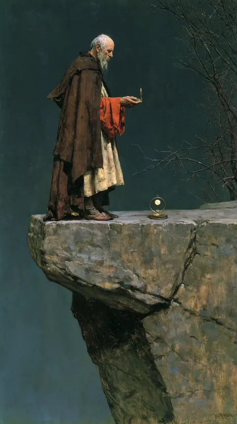 暮青断崖的老船长寓言 / elderly captain standing on a solitary narrow rock pillar, holding one small · Portrait