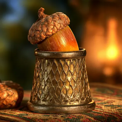 秋彩玻璃旧城 · 新创作方幅 / single acorn stands upright inside an empty thimble, its detached cap · Square
