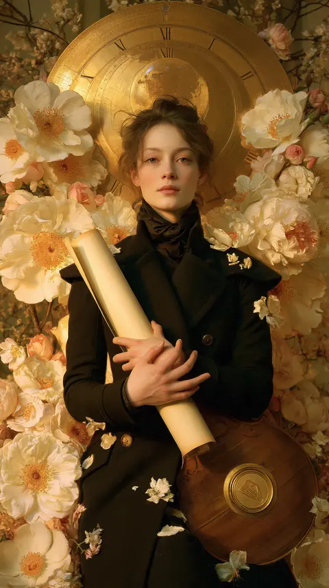 花冠背景里的庆典指挥 / adult conductor holds a rolled music sheet against her torso before a broad · Portrait