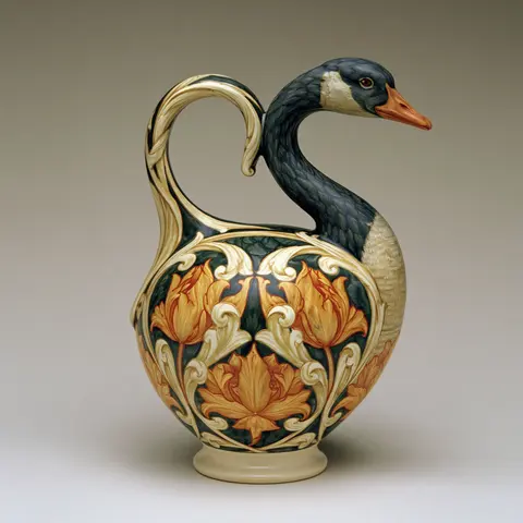 深灰金橙的古典鹅形水壶 / single goose-shaped water pitcher centered on a small cream plinth, its · Square