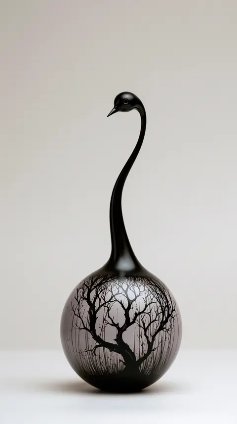 白底黑瓷的长颈鸟香炉 / slender black ceramic incense burner shaped like a long-necked bird, its · Portrait