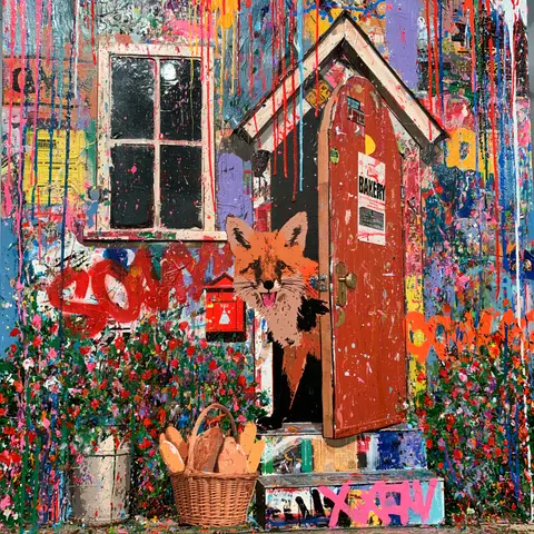 涂鸦面包屋的狐狸 / anthropomorphic fox opens the door of a tiny painted bakery, a full bread · Square