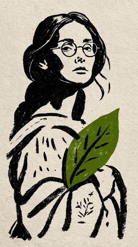 粗墨青叶的温室园丁印 / bespectacled gardener holding one broad green leaf close to the chest, · Portrait