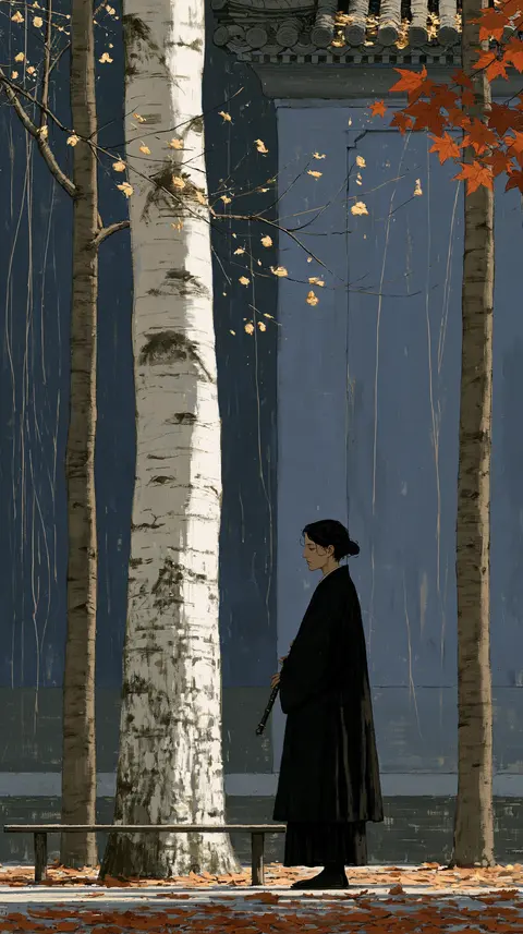 暮蓝金叶的庭院长笛手 / slender musician holding one flute lowered at the waist beside a tall white · Portrait