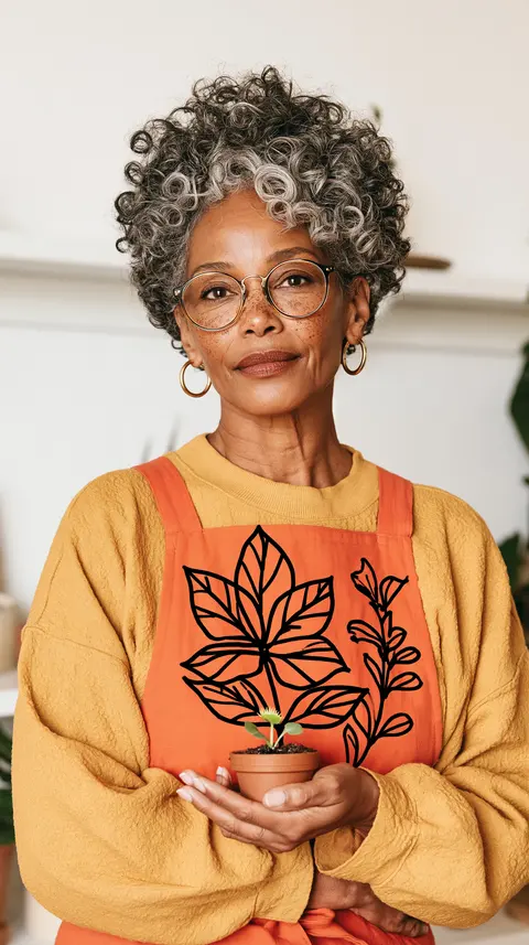 橙白生活的园艺围裙肖像 / gardener in a bright orange apron standing in a tidy white potting room, · Portrait