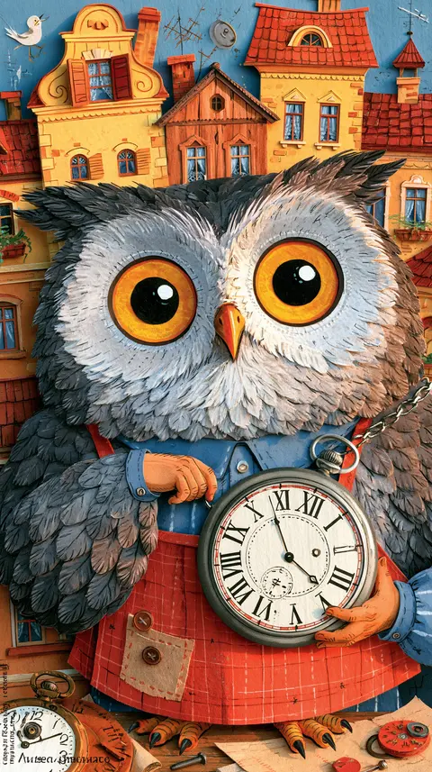 彩页奇屋的猫头鹰钟表街 / wide-eyed owl clockmaker standing below a vertically stacked row of · Portrait
