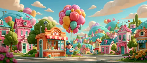 糖果软胶的热气球售票镇 / rounded ticket clerk standing beside a small orange balloon kiosk, pink · Panoramic