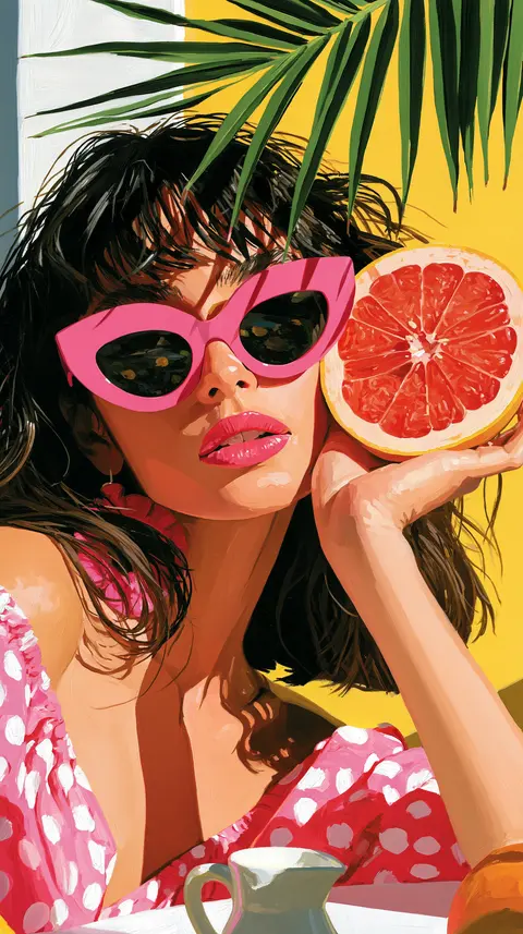粉墙前的葡萄柚摊 / adult street vendor in sunglasses holds a split grapefruit above a simple · Portrait